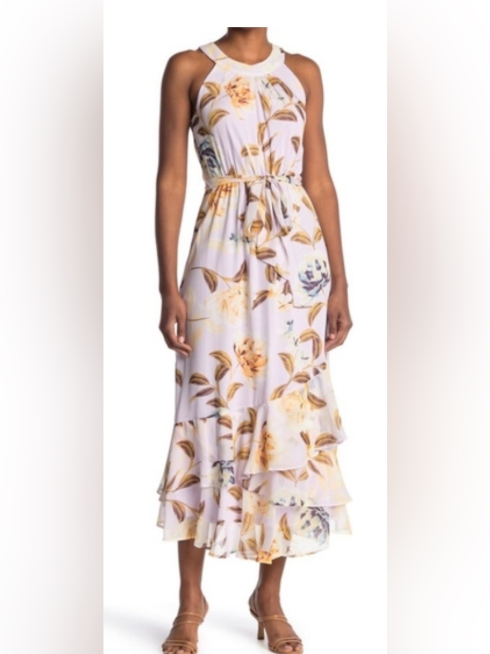 Calvin Klein Floral Tiered Maxi Dress in Light Lavender